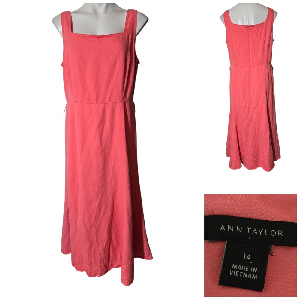 Ann Taylor Coral Pink Linen Blend Square Neck Sleeveless Midi Dress Size 14